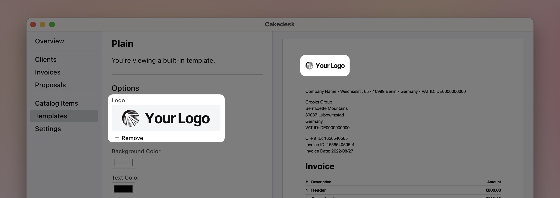 Template options screen with logo upload field, remove button, background color picker, and text color picker