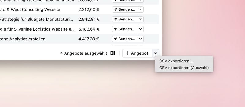 Angebotsliste mit vier ausgewählten Angeboten und geöffnetem CSV-Exportmenü.