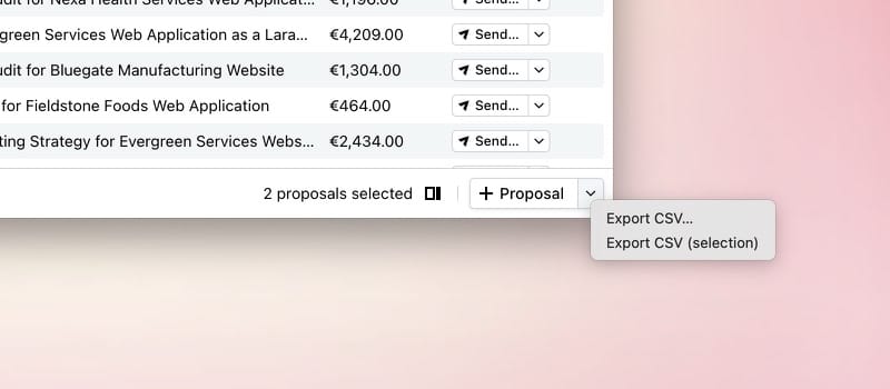 Proposal list with two proposals selected and the Export CSV menu open.