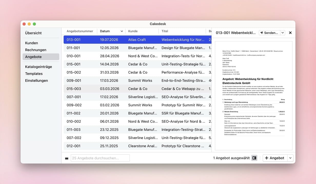 Cakedesk-Angebotsübersicht mit Angebotsliste und Vorschau des ausgewählten Angebots.