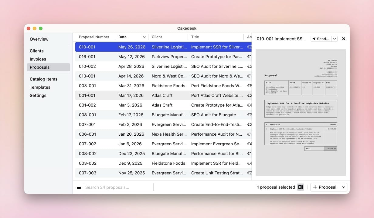 Cakedesk proposal overview with a proposal list and a preview of the selected proposal.