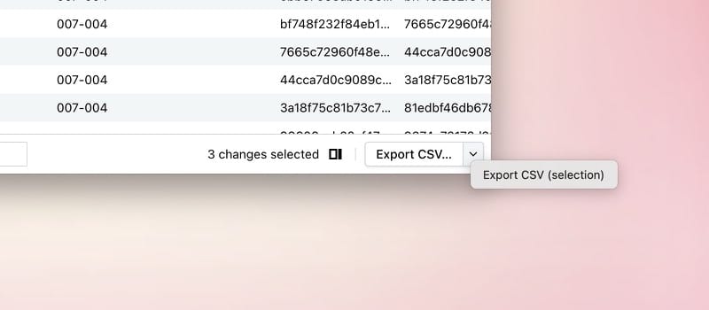 Revision History list with three changes selected and the Export CSV selection action open.