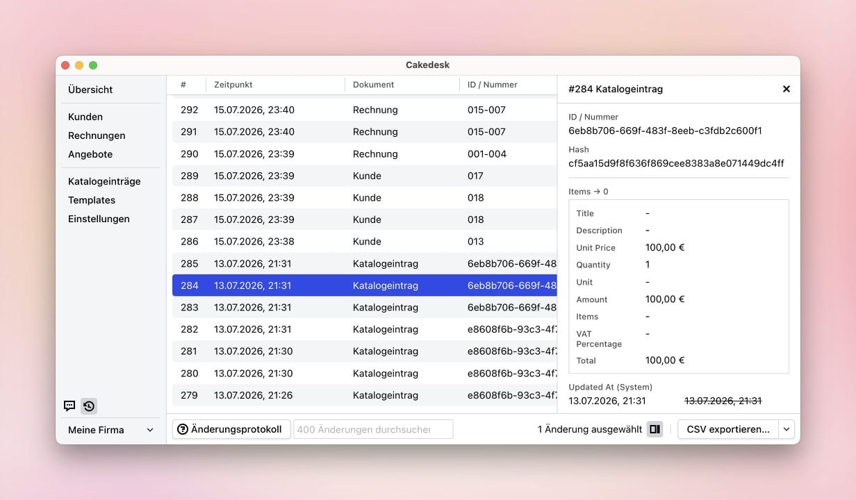 Änderungsprotokoll mit einer ausgewählten Katalogänderung und geöffneten Details.