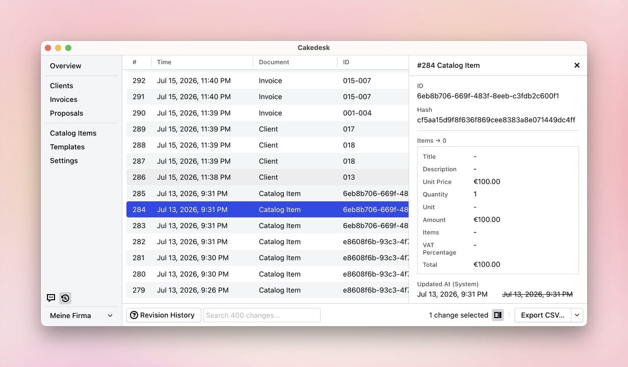 Revision History with a selected catalog item change and its details open.