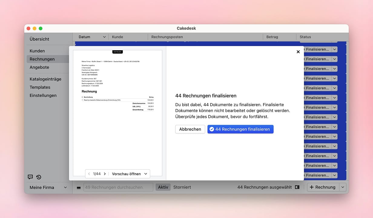 Dialog zum gleichzeitigen Finalisieren mehrerer ausgewählter Rechnungen.