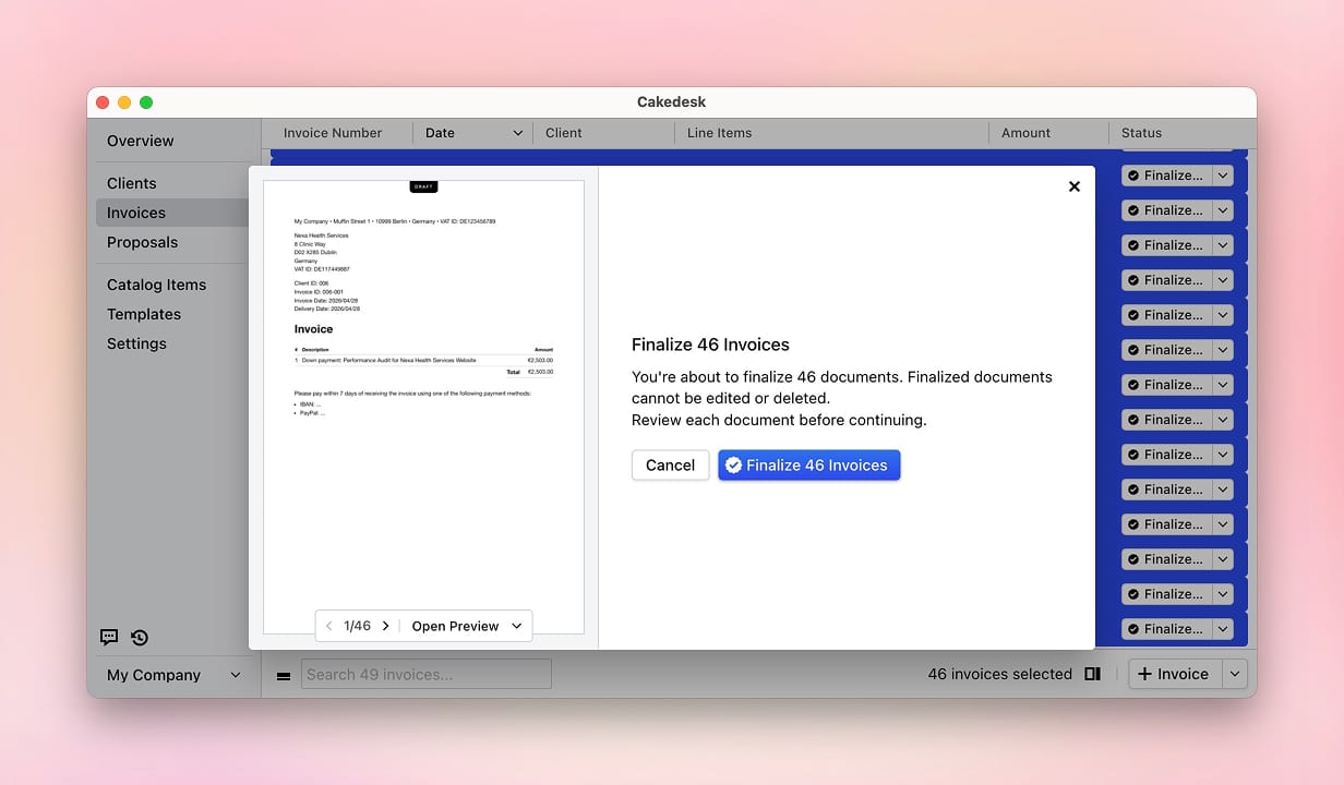 Dialog for finalizing several selected invoices at once.