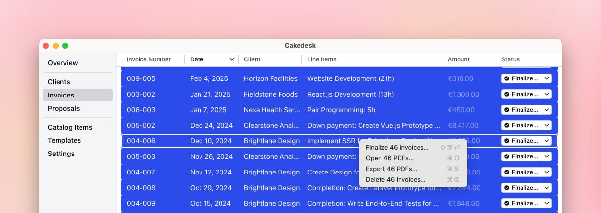 Several selected unfinalized invoices in the invoice list.