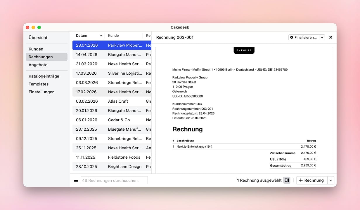 PDF-Vorschau einer nicht finalisierten Rechnung mit Entwurfsstempel im Strict Mode.