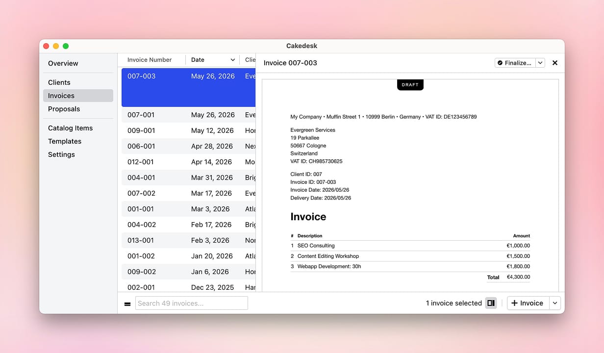 PDF preview of an unfinalized invoice with a draft stamp in Strict Mode.