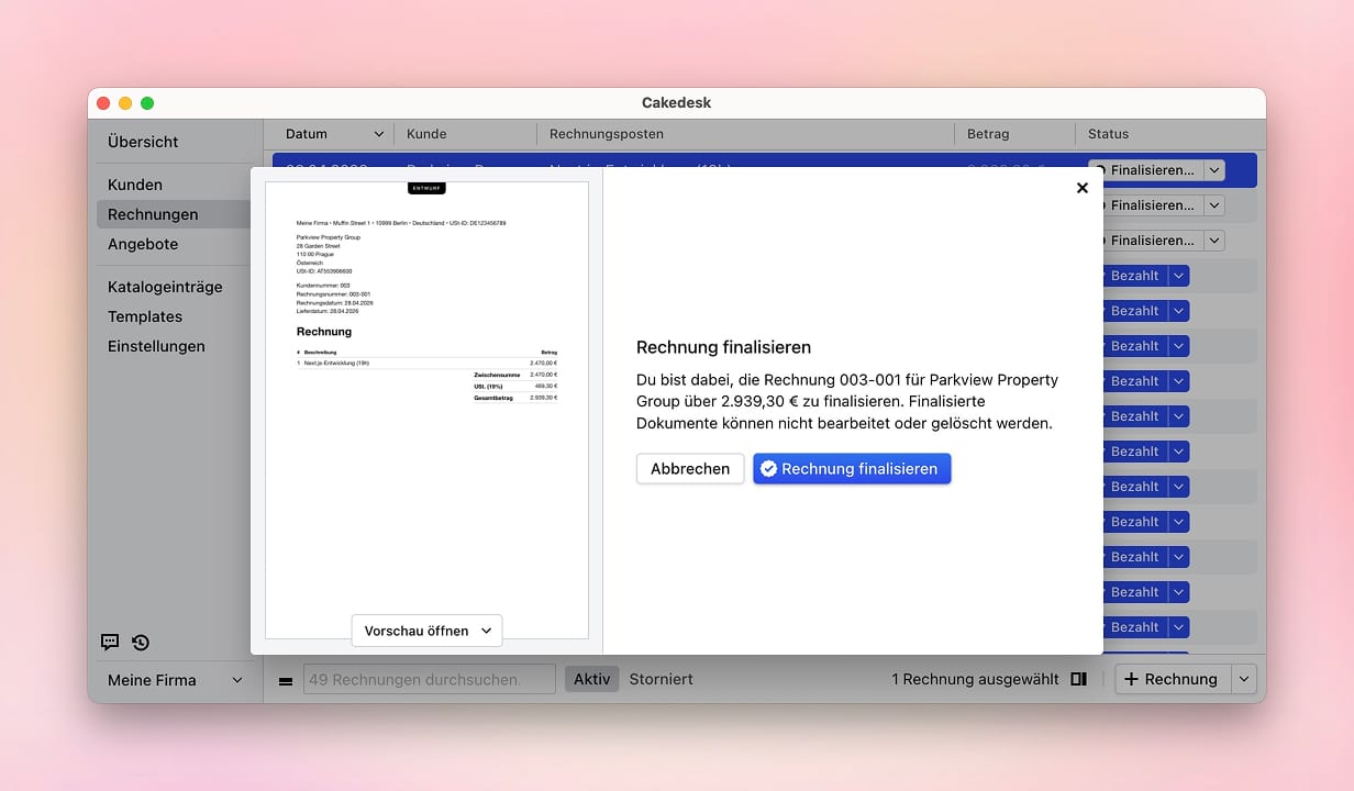 Dialog zum Finalisieren einer einzelnen Rechnung mit PDF-Vorschau und Bestätigungsbutton.