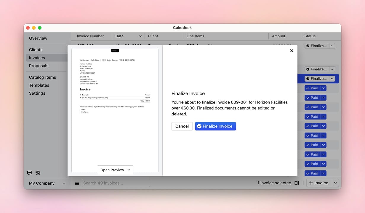 Finalize invoice dialog with a PDF preview and confirmation button.