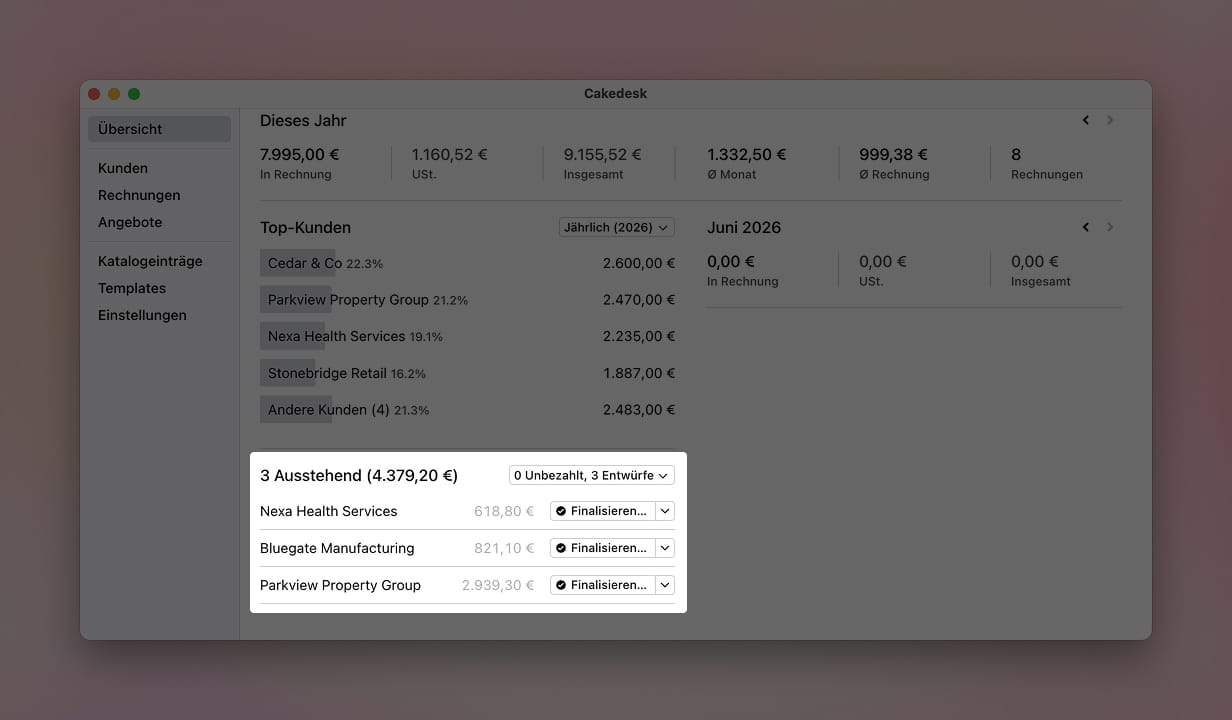 Cakedesk-Übersicht mit ausstehenden Rechnungen, die noch finalisiert werden müssen.