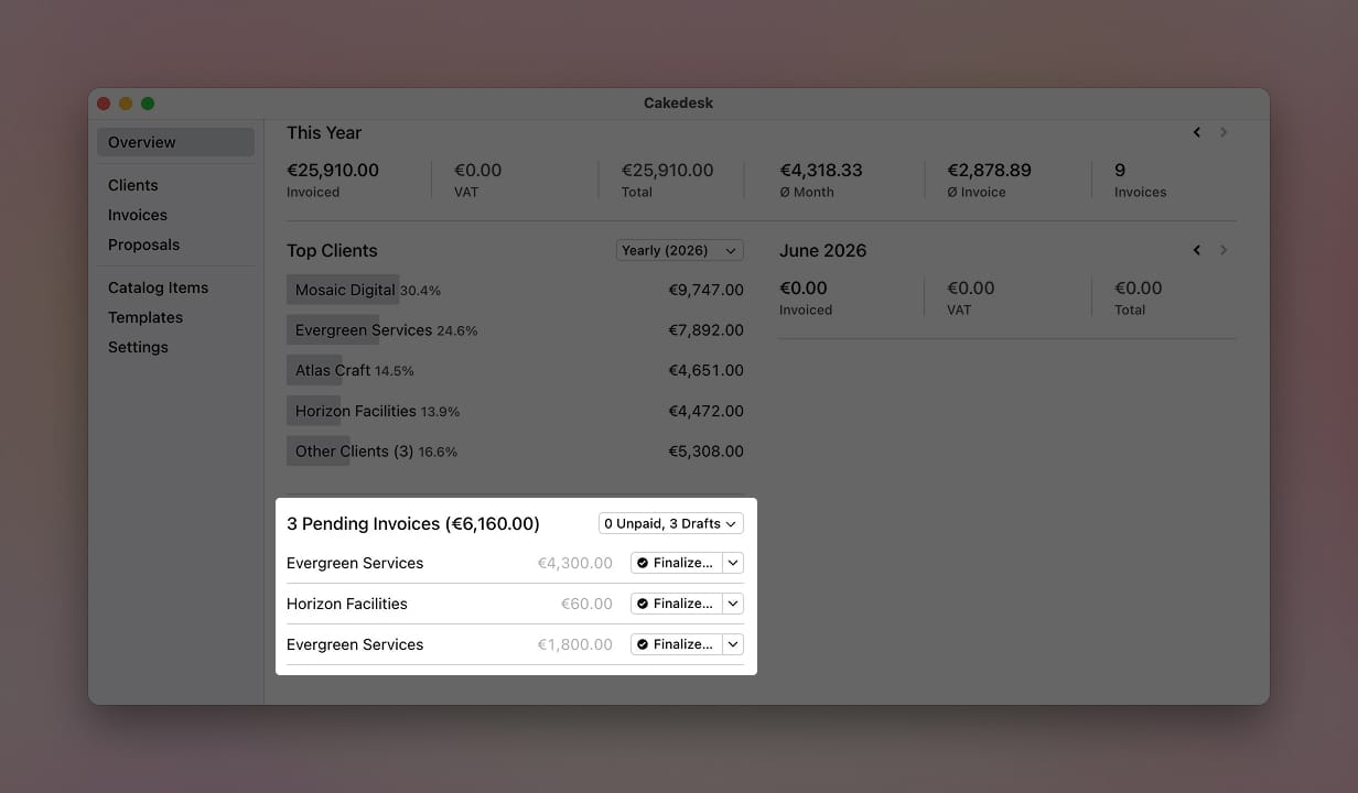 Cakedesk overview showing pending invoices that still need to be finalized.