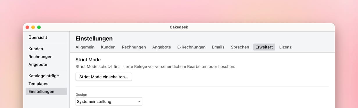 Erweiterte Einstellungen mit dem Bereich Strict Mode und dem Button zum Einschalten.