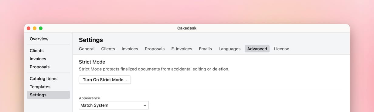Advanced settings with the Strict Mode section and the button to turn it on.