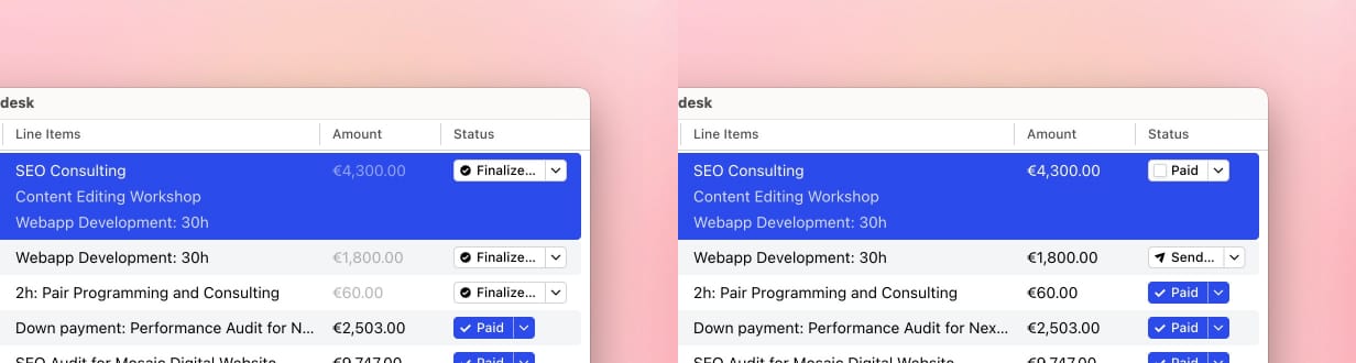 Comparison of the invoice list in Strict Mode and normal mode.