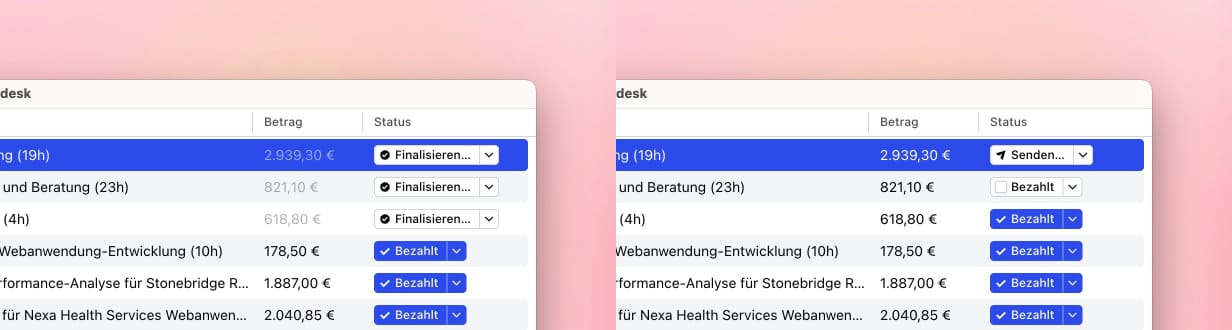 Vergleich der Rechnungsübersicht im Strict Mode und im normalen Modus.