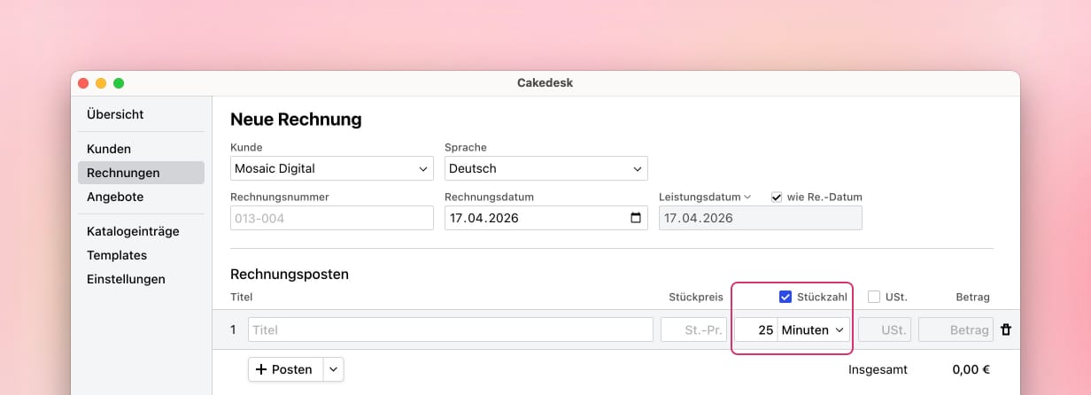 Rechnungseditor mit aktivierter Mengen-Checkbox, die das Mengenfeld und das Einheiten-Dropdown bei einem Posten zeigt