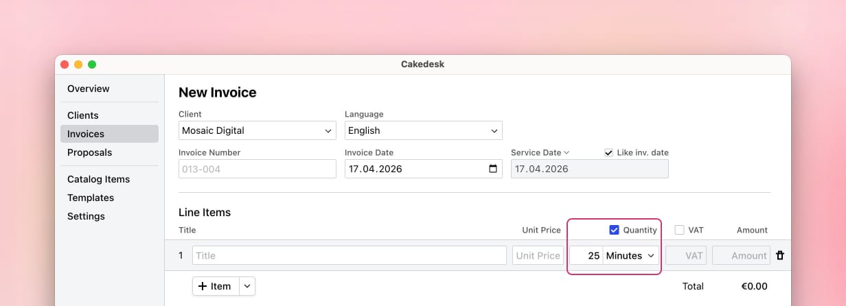 Invoice editor with the Quantity checkbox enabled, showing the quantity field and unit dropdown on a line item