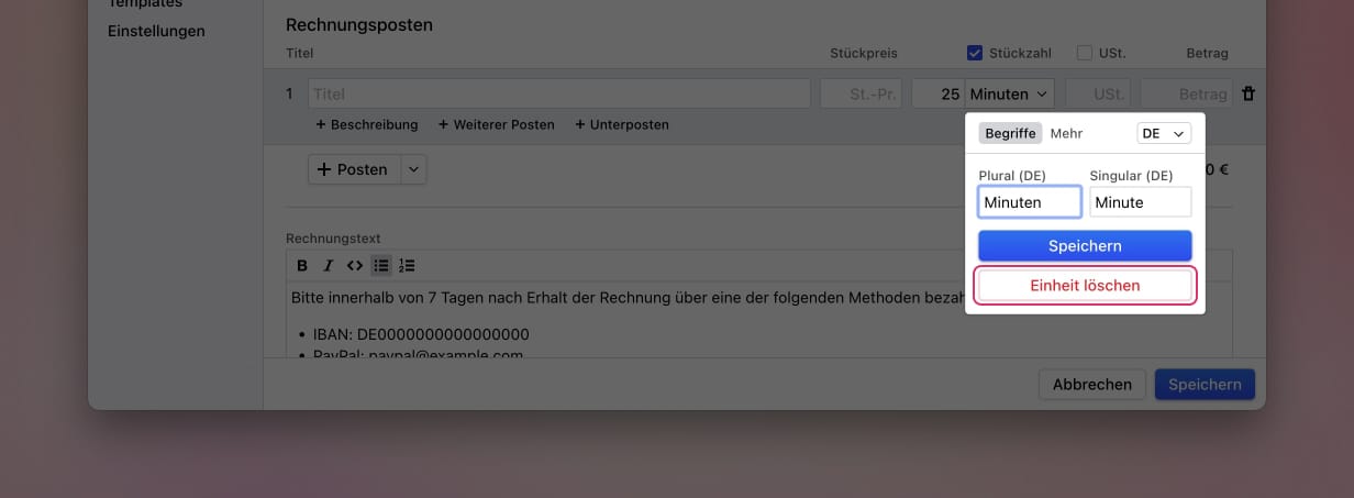 Löschoption im Einheiten-Dropdown