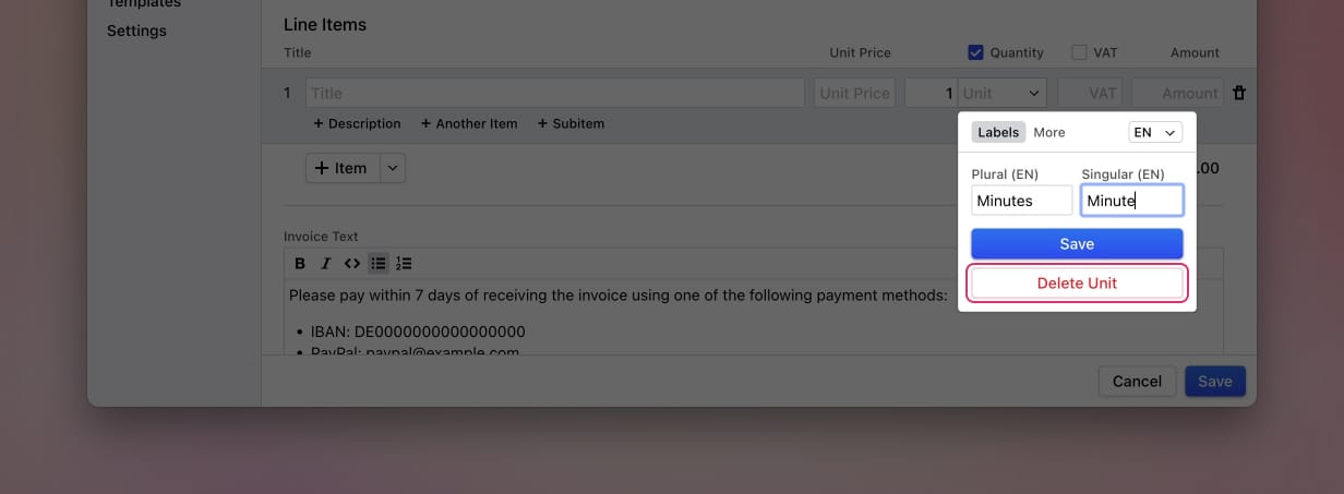 Delete option in the unit dropdown