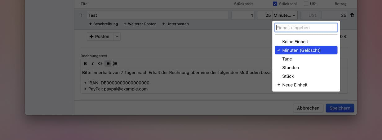 Gelöschte Einheit im Einheiten-Dropdown