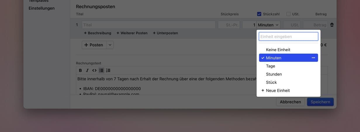 Einheiten-Dropdown mit einer benutzerdefinierten Einheit Minuten und dem Drei-Punkte-Menü zum Bearbeiten