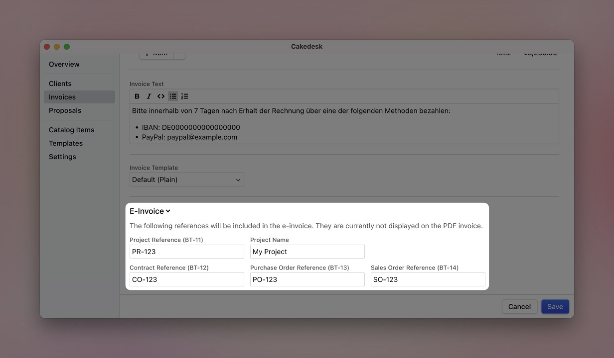 E-Invoice reference fields in Cakedesk