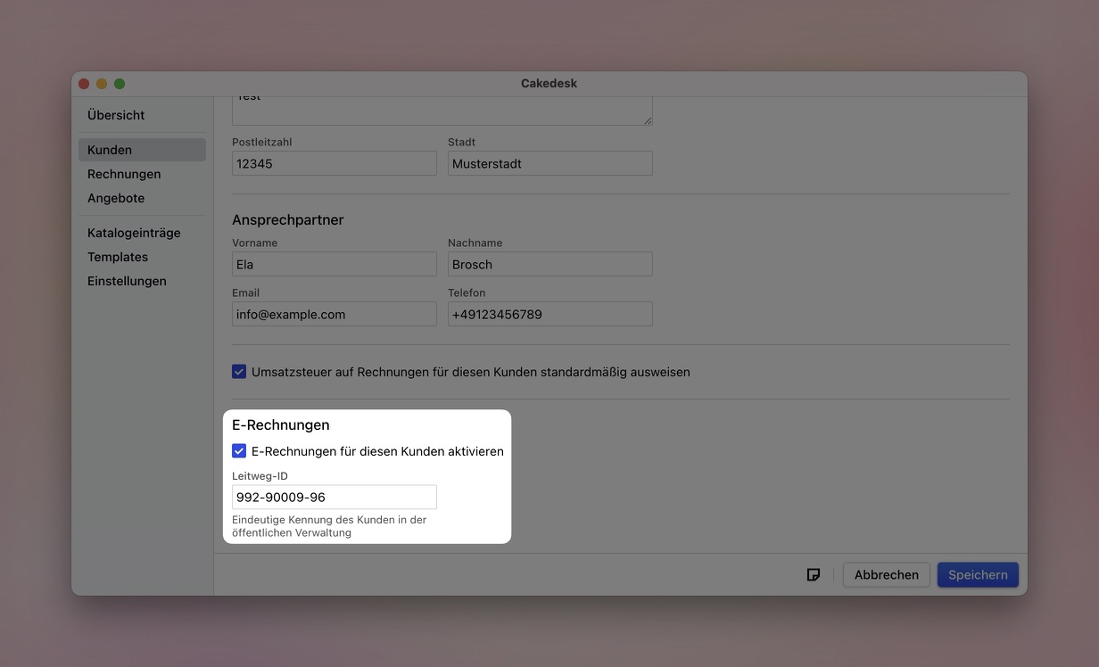 E-Rechnungen für Kunden in Cakedesk aktivieren