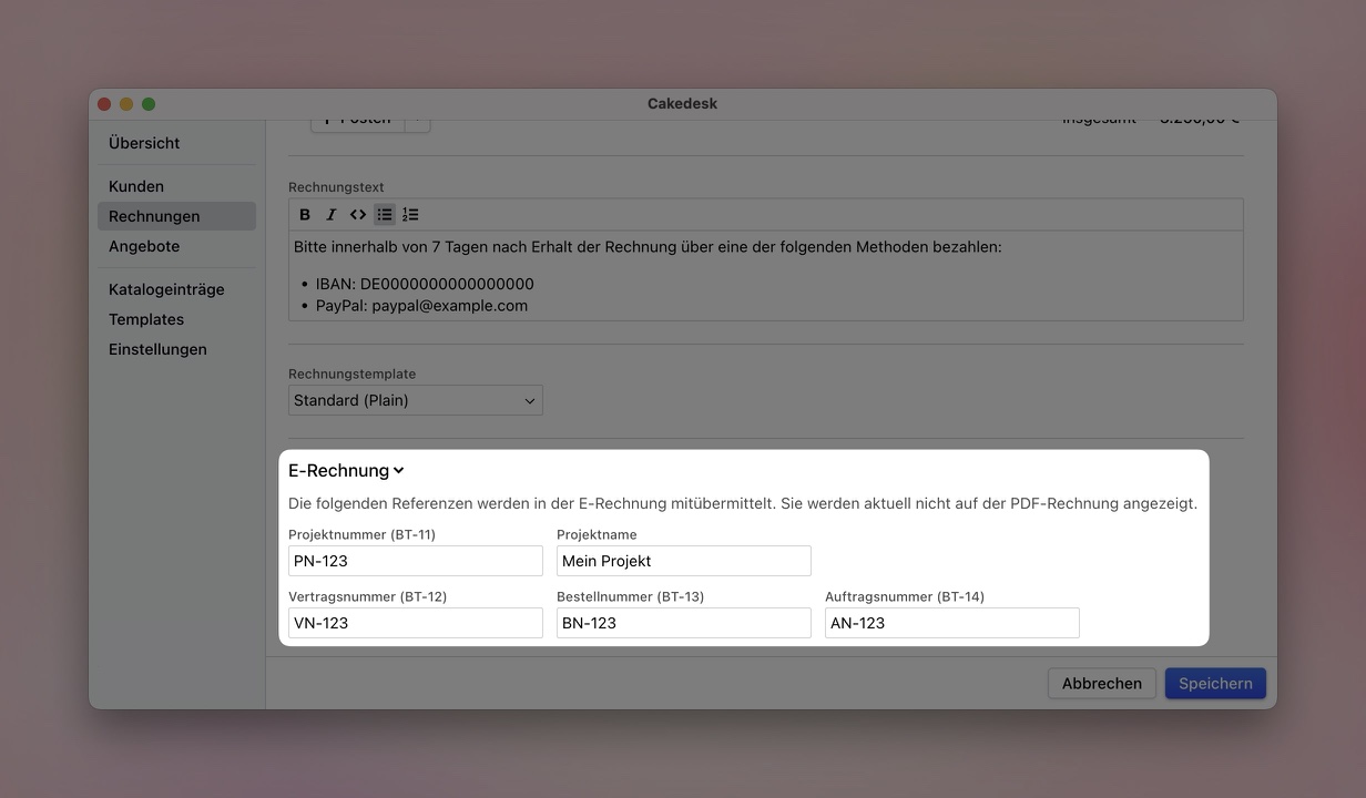 E-Rechnung Referenzfelder in Cakedesk