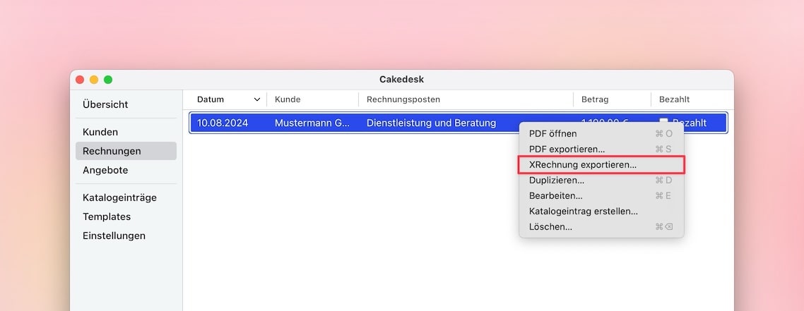 Rechnung in Cakedesk als XRechnung exportieren