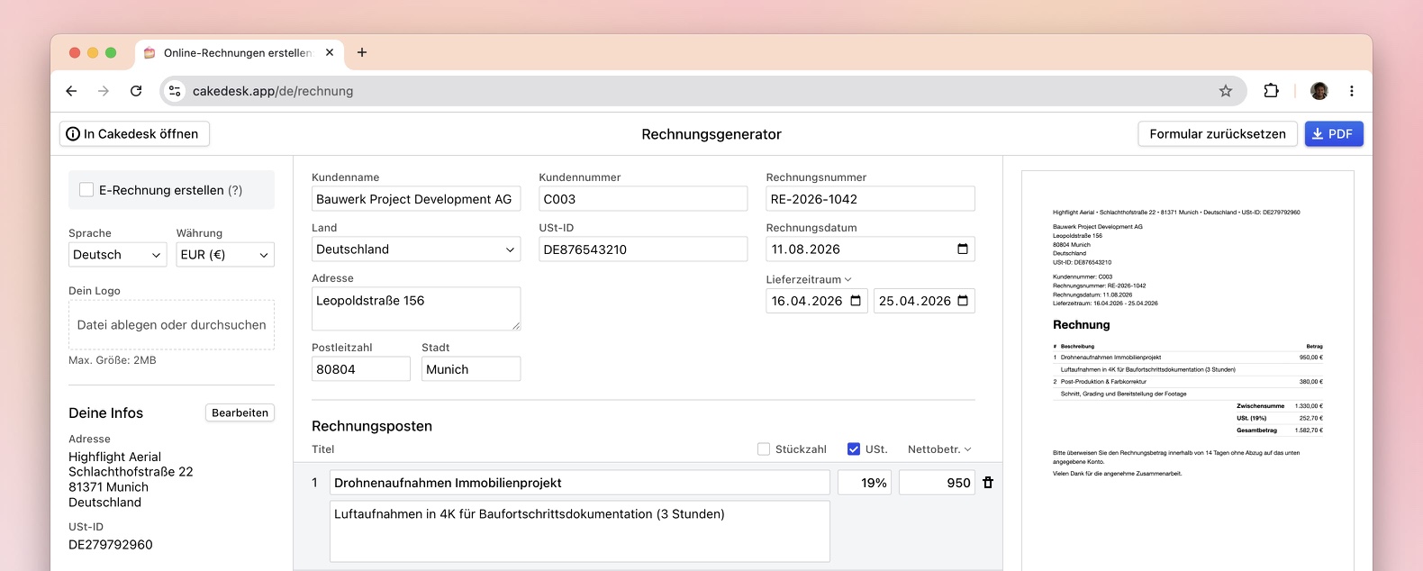 Cakedesk Online-Rechnungsgenerator mit bearbeitbaren Rechnungsfeldern und Live-Vorschau.