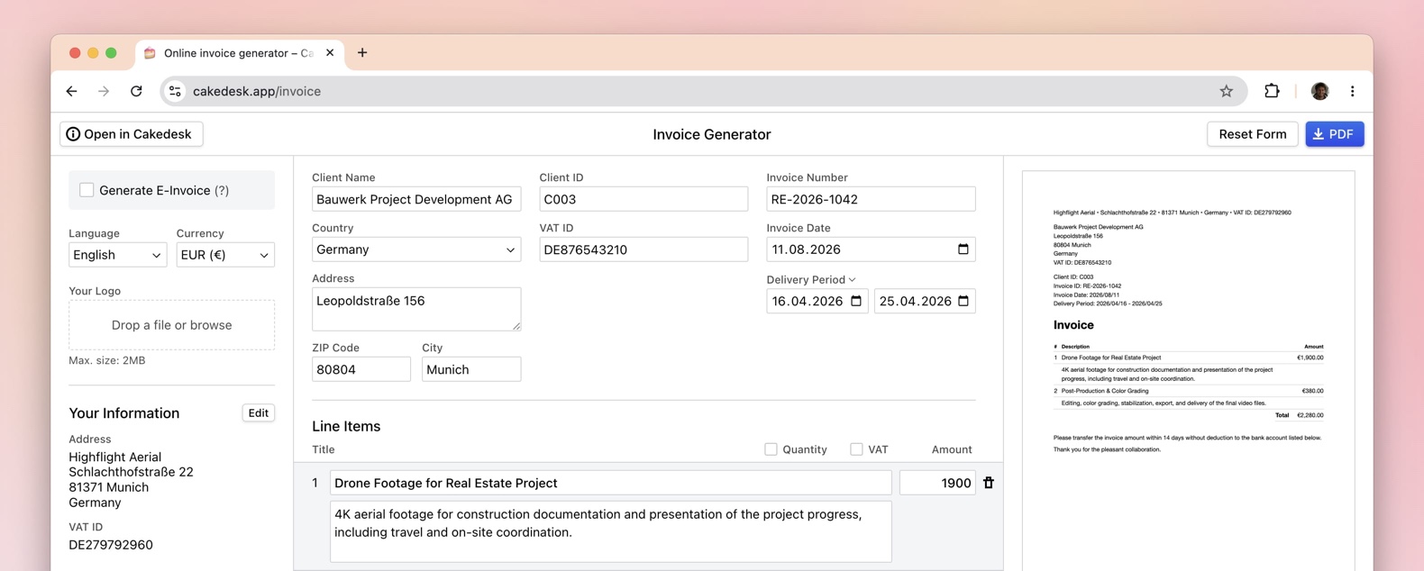 Cakedesk online invoice generator with editable invoice fields and a live invoice preview.