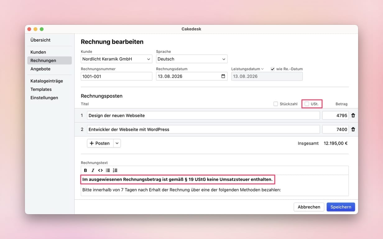 Cakedesk-Rechnungseditor mit deaktivierter Umsatzsteuer und einem Hinweis nach § 19 UStG im Rechnungstext.