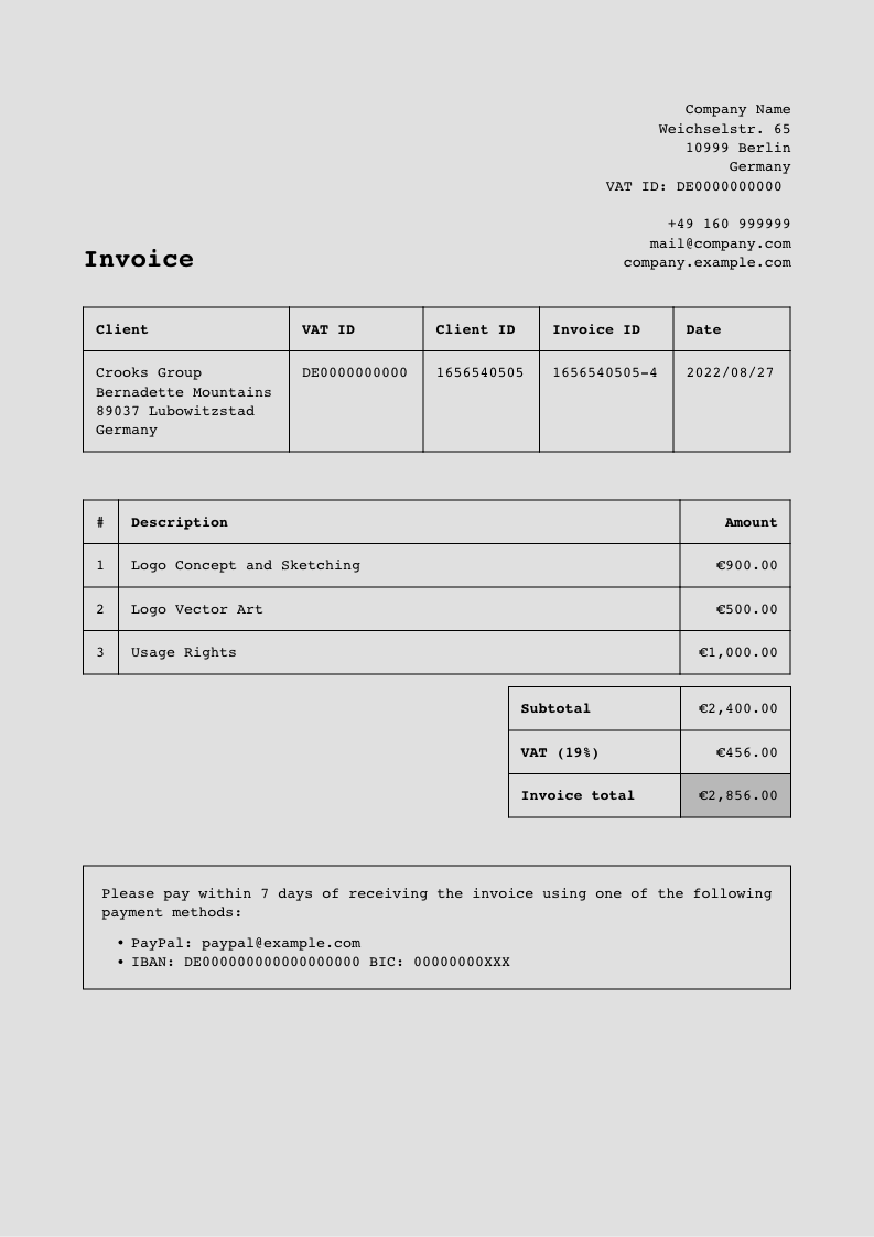 Invoice template, titled "$title"