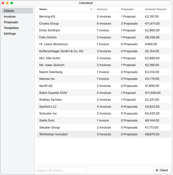 A screenshot of Cakedesk, showing clients in a table
