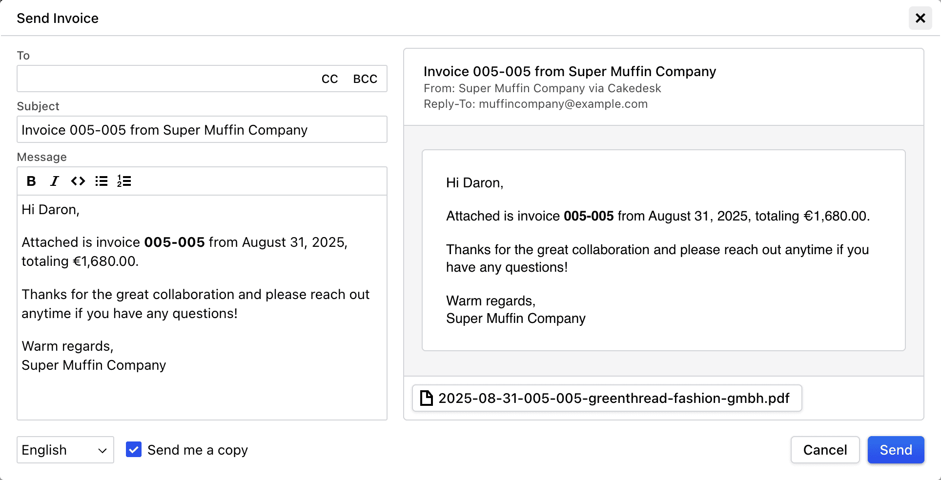 Screenshot of the email sending feature in Cakedesk